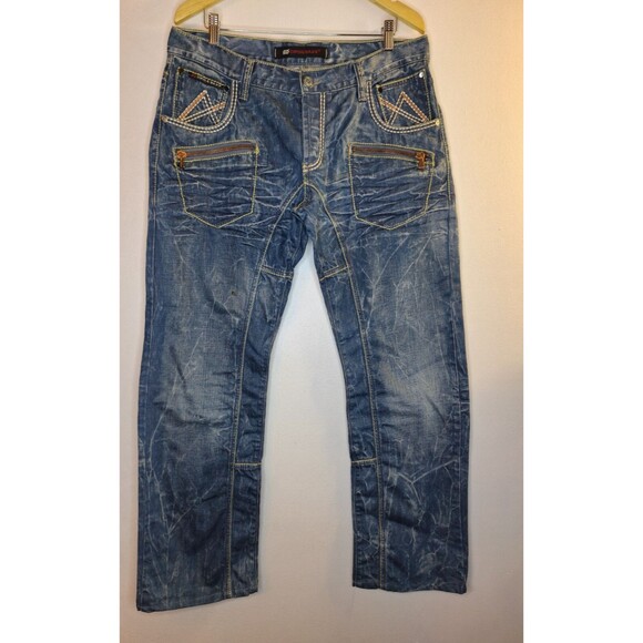CIPO & BAXX Waxed Denim Jeans Men's 36x34 Buttonfly Whiskered Y2K Grunge Rave